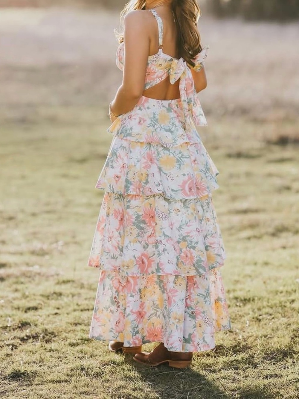 Floral Bloom Maxi Tiered Dress - Bow tie back